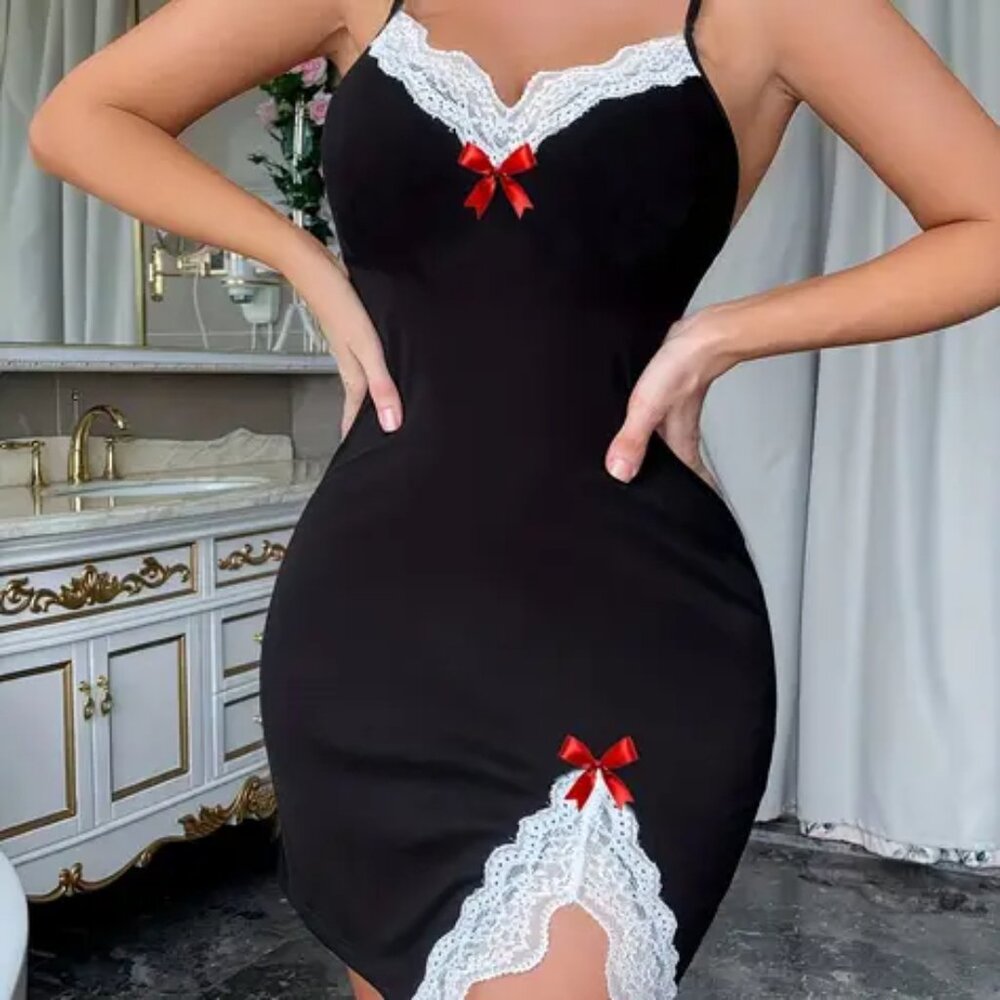 Contrast Lace Bow Slip Nightdress, V Neck Side Split Spaghetti Straps Size 14